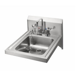 Stainless steel wall-mounted hand sink with double-bend gooseneck faucet and controls.