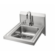 Stainless steel wall-mounted hand sink with single electronic gooseneck faucet and backsplash.