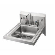 Stainless steel deck-mounted hand sink with 6-inch gooseneck faucet and dual soap dispensers.
