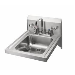 Stainless steel deck-mounted hand sink with 6-inch gooseneck faucet and dual soap dispensers.