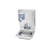 Stainless steel hand sink with integrated soap and towel dispenser mounted above basin.