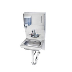 Stainless steel wall-mounted hand sink with integrated soap and towel dispenser and support brackets.