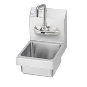 Stainless steel wall-mounted hand sink with electronic faucet and curved spout.