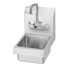 Stainless steel wall-mounted hand sink with electronic faucet and curved spout.