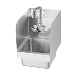 Stainless steel wall-mount hand sink with electronic faucet, double bend spout, and side splashes.