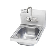 Stainless steel wall-mounted hand sink with electronic faucet and curved spout.
