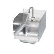 Stainless steel wall-mounted hand sink with electronic faucet, curved spout, and side splashes.