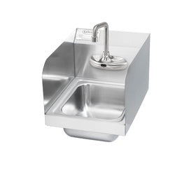 Stainless steel wall-mounted hand sink with electronic faucet, curved spout, and side splashes.