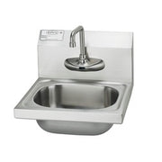 Stainless steel wall-mounted hand sink with electronic faucet and curved spout.