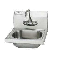 Stainless steel wall-mounted hand sink with electronic faucet and curved spout.
