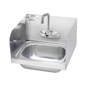 Stainless steel wall-mount hand sink with electronic faucet, side splash guards, and curved spout.