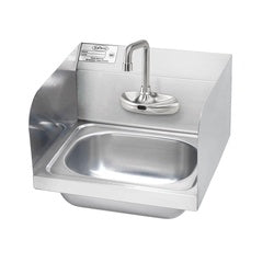 Stainless steel wall-mount hand sink with electronic faucet, side splash guards, and curved spout.