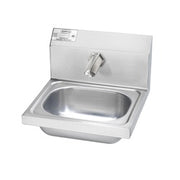 Wall-mounted stainless steel hand sink with electronic faucet and satin finish, 16 inches wide.
