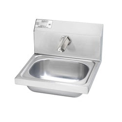 Wall-mounted stainless steel hand sink with electronic faucet and satin finish, 16 inches wide.
