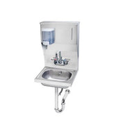 Stainless steel wall-mounted hand sink with integrated soap and towel dispenser, faucet, and drain trap.