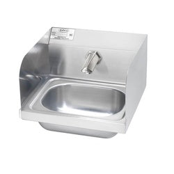 Stainless steel wall-mounted hand sink with electronic faucet, side splashes, and 16-inch width.