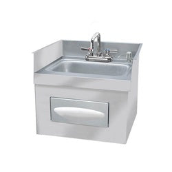 Stainless steel drop-in handsink with faucet, 4-inch backsplashes, and storage cabinet below.