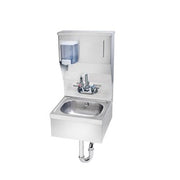 Stainless steel wall-mounted hand sink with integrated soap dispenser, paper towel holder, and faucet.