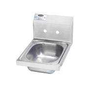 Stainless steel wall-mounted hand sink with backsplash and two faucet holes spaced 4 inches apart.