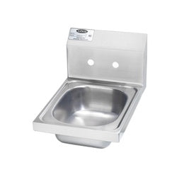 Stainless steel wall-mounted hand sink with backsplash and two faucet holes spaced 4 inches apart.