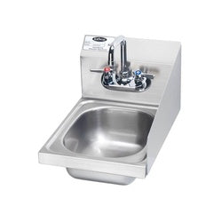 Stainless steel wall-mounted hand sink with right-side splash guard and faucet controls.
