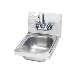 Stainless steel wall-mounted hand sink with chrome faucet and backsplash.