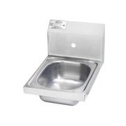 Stainless steel wall-mount hand sink with single faucet hole and drain opening, 12 inches wide.