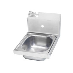 Stainless steel wall-mount hand sink with single faucet hole and drain opening, 12 inches wide.