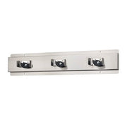 Stainless steel wall-mounted mop holder with three black hooks spaced evenly across 24-inch bar.