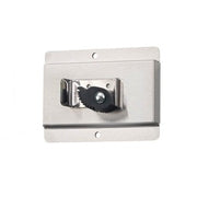 Wall-mounted mop hanger with single black metal clip and mounting bracket.