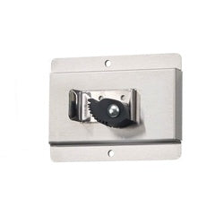 Wall-mounted mop hanger with single black metal clip and mounting bracket.