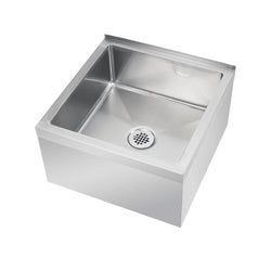 Stainless steel floor mop sink with divided compartments and floor-mounted drain.