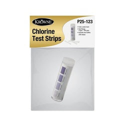 Two bottles of Krowne chlorine test strips with yellow and white packaging displayed against white background.