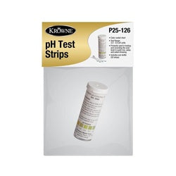 Bottle of pH test strips with yellow and white label on white background.