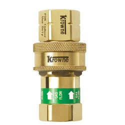 Brass quick disconnect coupling with green safety collar and threaded female connections for 1/2-inch gas hoses.