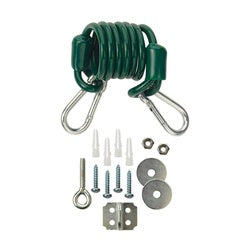 Coiled green restraining cable with metal carabiners, bolts, washers, and mounting brackets displayed on white background.
