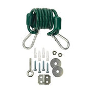 Coiled green restraining cable with metal carabiners, bolts, washers, and mounting bracket hardware displayed.