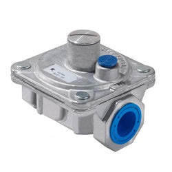Silver metal gas pressure regulator with blue outlet ports and adjustment knob on top.