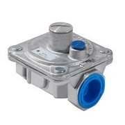 Gas pressure regulator with blue adjustment knob and outlet port, metal body with mounting holes.