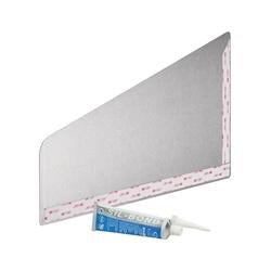 Stainless steel left-hand sink splash guard with installation hardware and sealant cartridge.