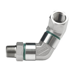 Chrome gas connector with 90-degree elbow joint, swivel fitting, and threaded male and female ends for 1-inch hose.