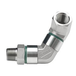 Silver metal swivel gas connector with angled elbow fitting and green sealing ring.