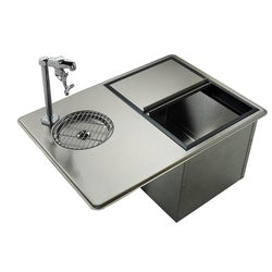 Stainless steel drop-in ice and water station with sink basin, drain, and chrome faucet.