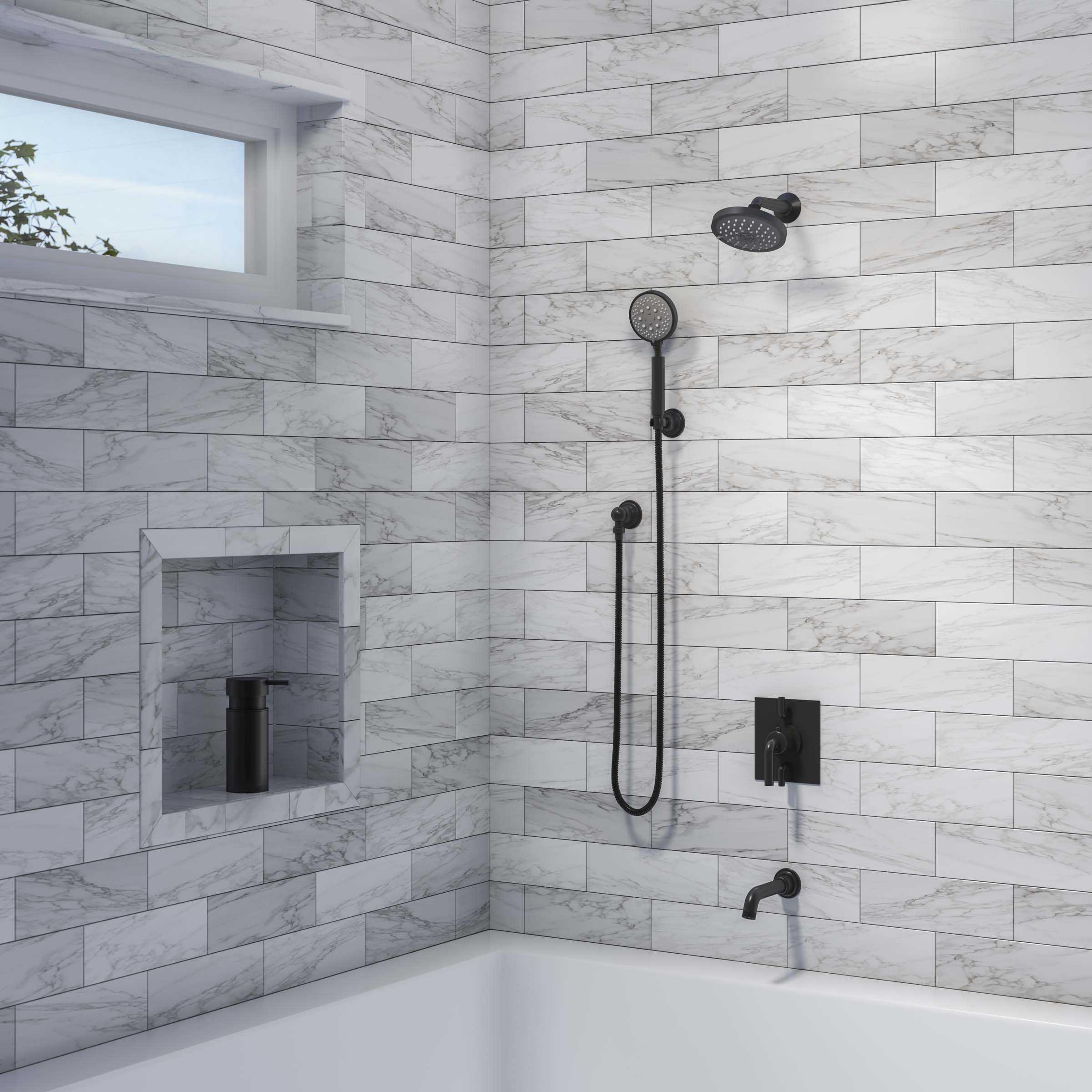 Black nickel multi-function showerhead with adjustable arm mounted on marble tile shower wall.