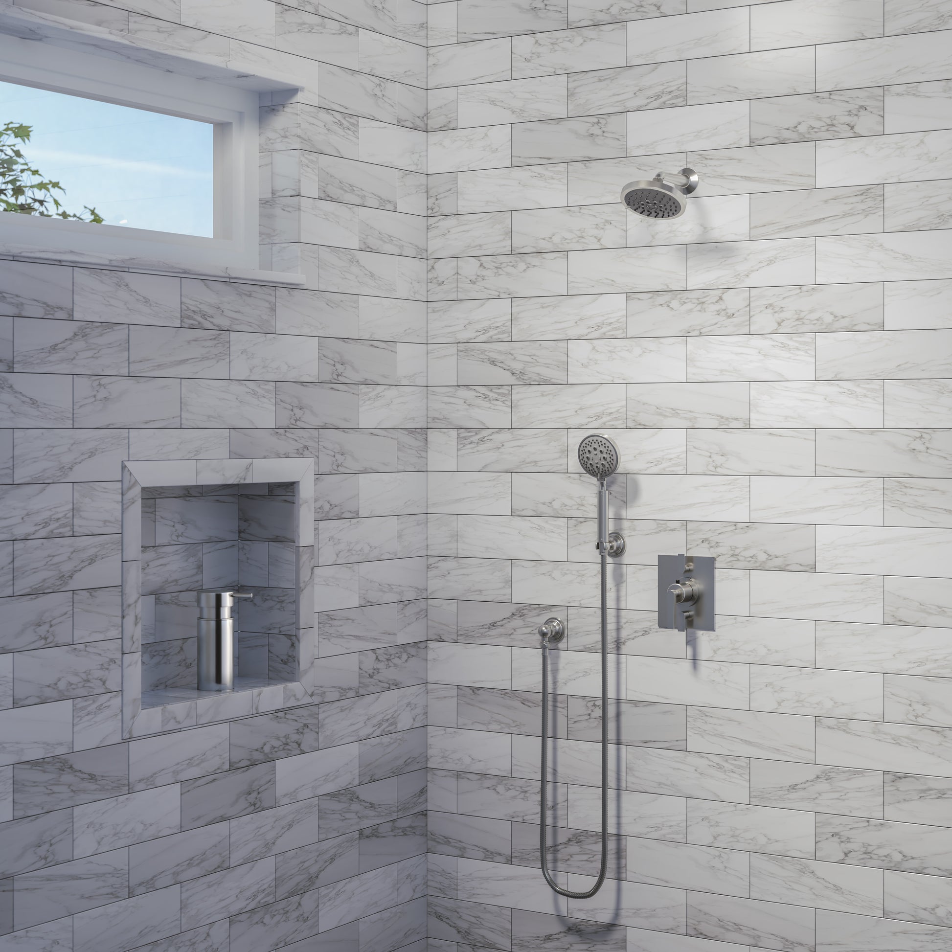 Black nickel multi-function showerhead mounted on marble tile wall with handheld sprayer and controls visible below.