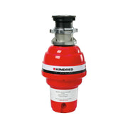 Red and stainless steel food waste disposer with black top collar and mounting hardware visible.