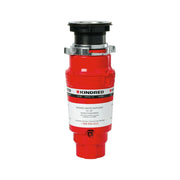 Red Kindred waste disposer with black top collar and metal mounting hardware, featuring brand label and control button.