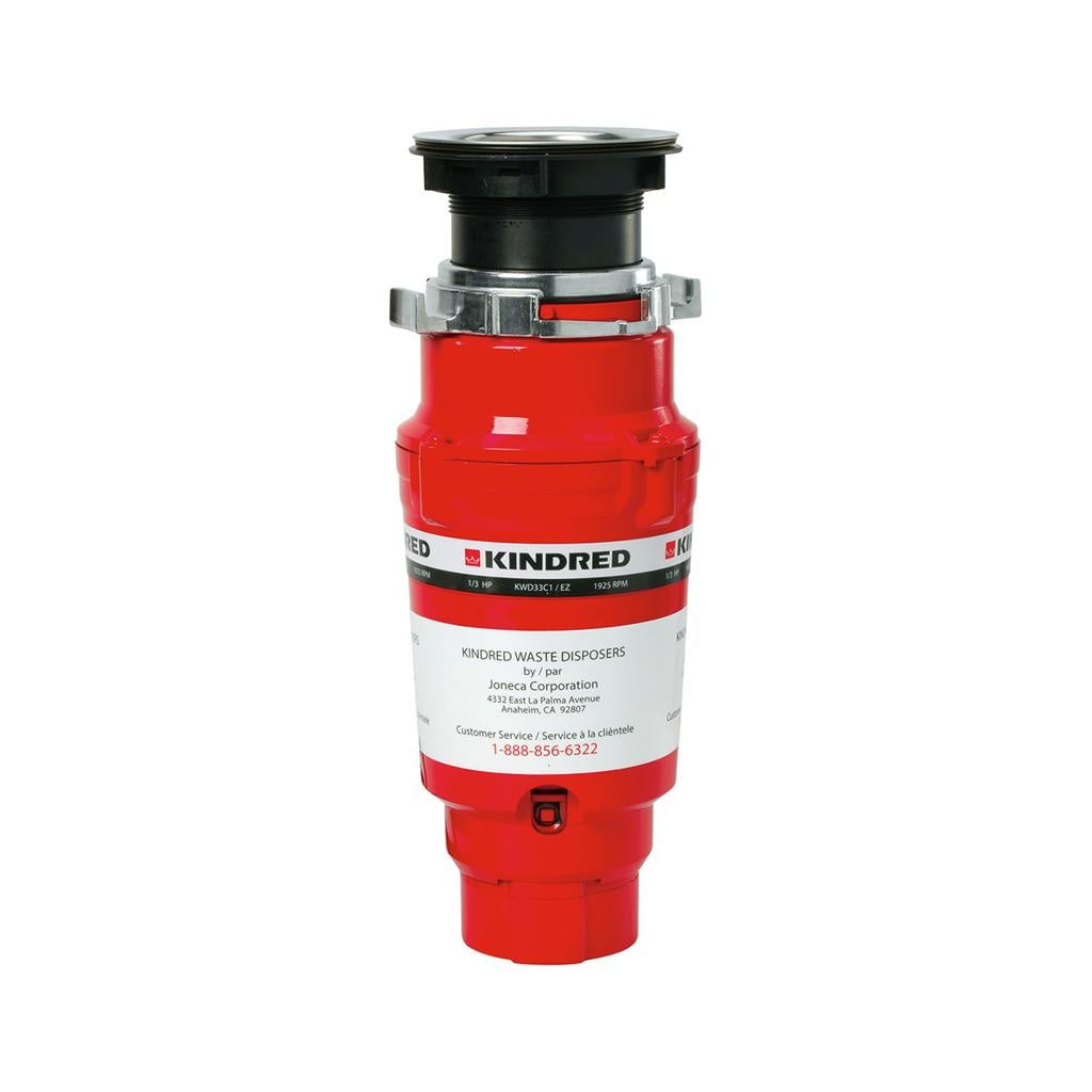 Red Kindred waste disposer with black top collar and metal mounting hardware, featuring brand label and control button.