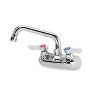 Chrome wall-mounted bathroom faucet with dual lever handles and curved spout.