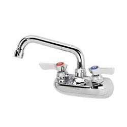 Chrome wall-mounted bathroom faucet with dual lever handles and curved spout.